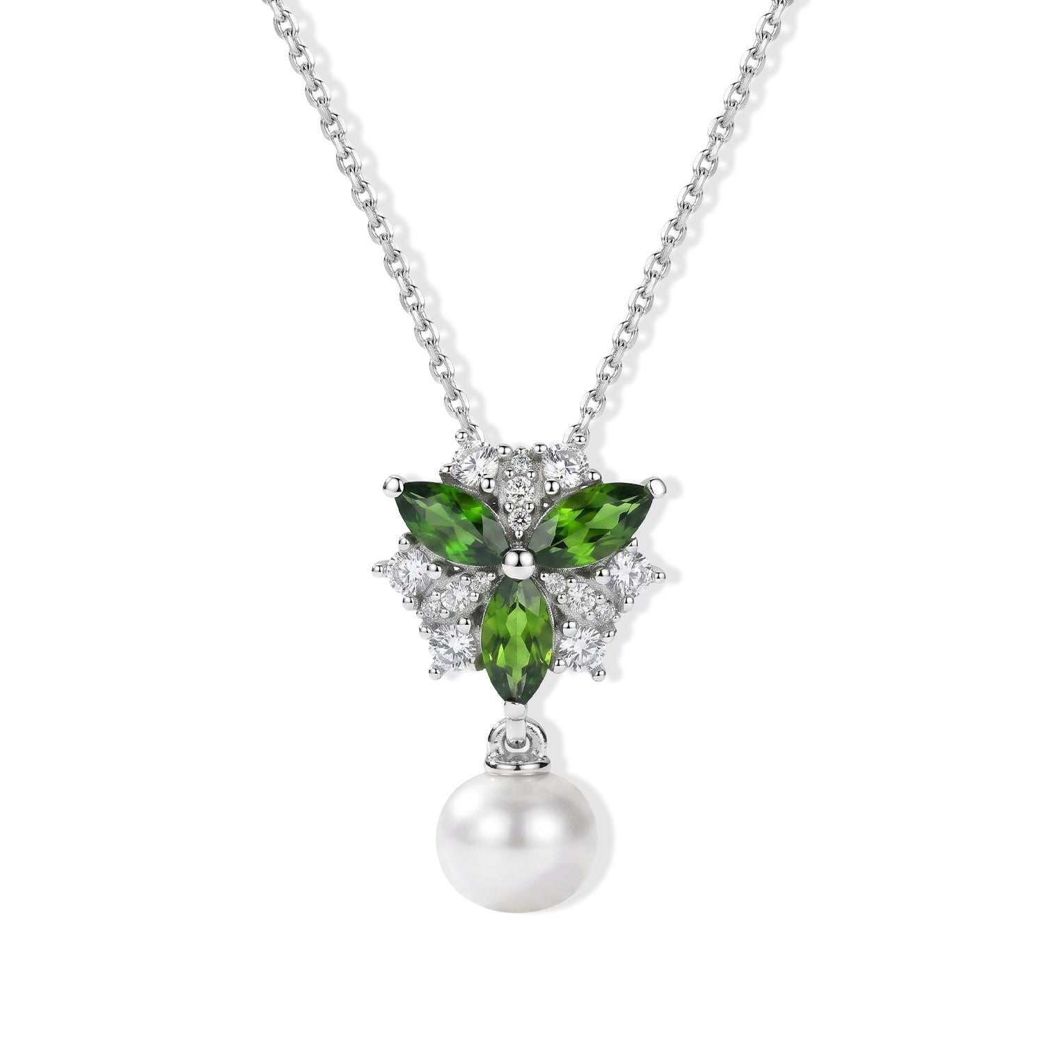 D'Joy - Natural Chrome Diopside, Fresh Water Pearl &amp; White Zircon Drop Pendant in Platinum Overlay Sterling Silver with Chain (Size 20) 3.62 Ct. 4512266 0