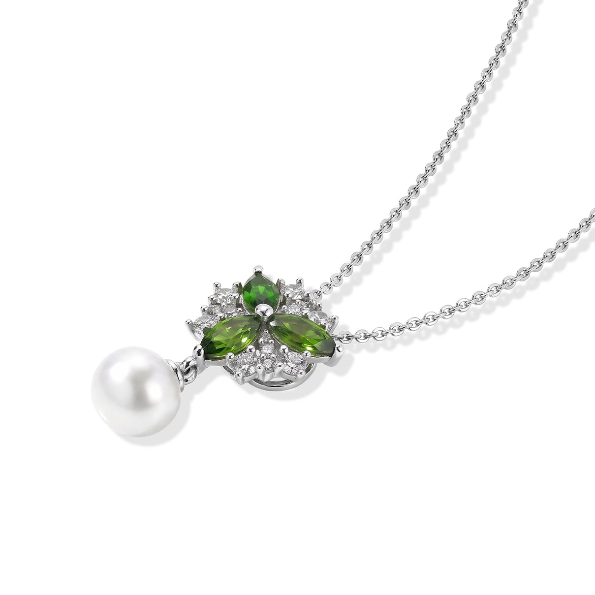 D'Joy - Natural Chrome Diopside, Fresh Water Pearl &amp; White Zircon Drop Pendant in Platinum Overlay Sterling Silver with Chain (Size 20) 3.62 Ct. 4512266 4