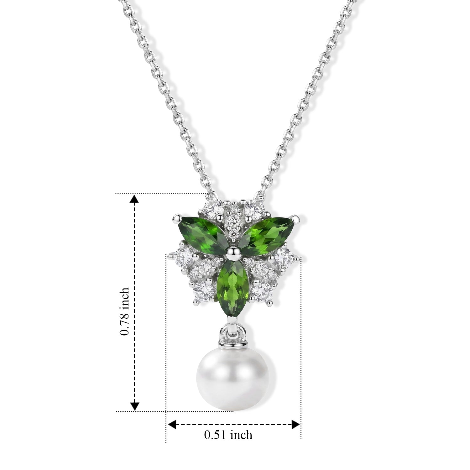D'Joy - Natural Chrome Diopside, Fresh Water Pearl &amp; White Zircon Drop Pendant in Platinum Overlay Sterling Silver with Chain (Size 20) 3.62 Ct. 4512266 5
