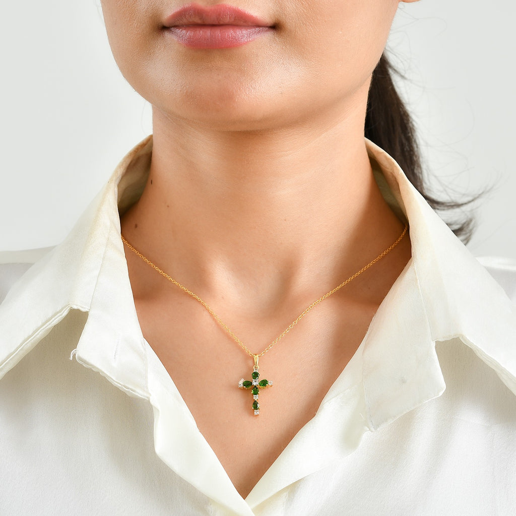 Natural Chrome Diopside,  White Zircon Pendant with Chain (Size 20) Mix Metal 6.50 ct  7.400  Ct._4512267_1