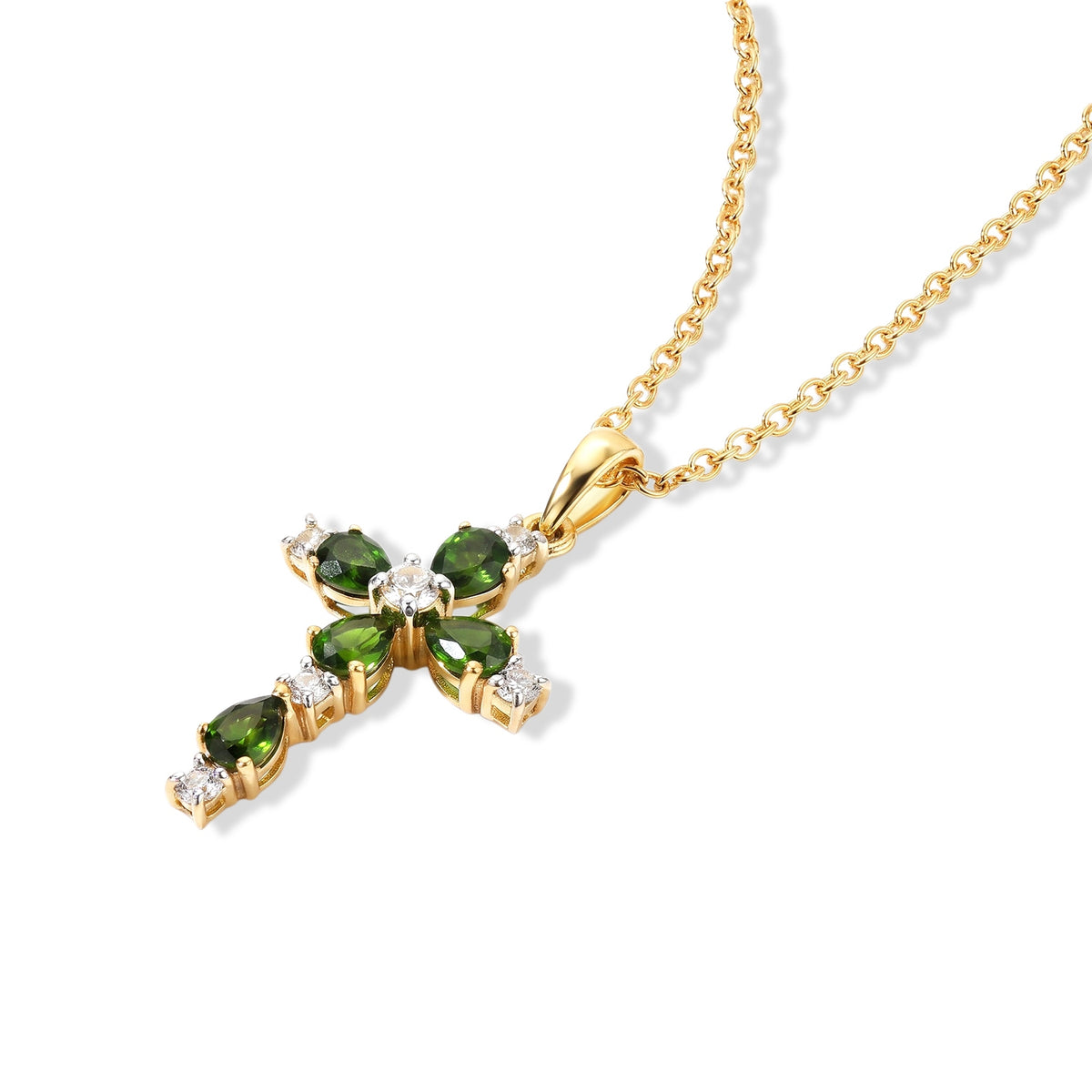 D'Joy - Natural Chrome Diopside &amp; White Zircon Cross Pendant in Yellow Gold Plated Sterling Silver with Chain (Size 20) 1.20 Ct. 4512267 4