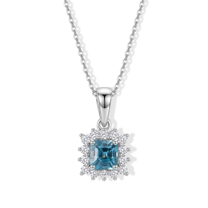 D'Joy - AAA RatanakirI Blue Zircon &amp; Lab Grown Diamond Halo Pendant with Chain (Size 20) &amp; Spring Ring Clasp in Rhodium Overlay Sterling Silver 1.80 Ct. 4513021 1