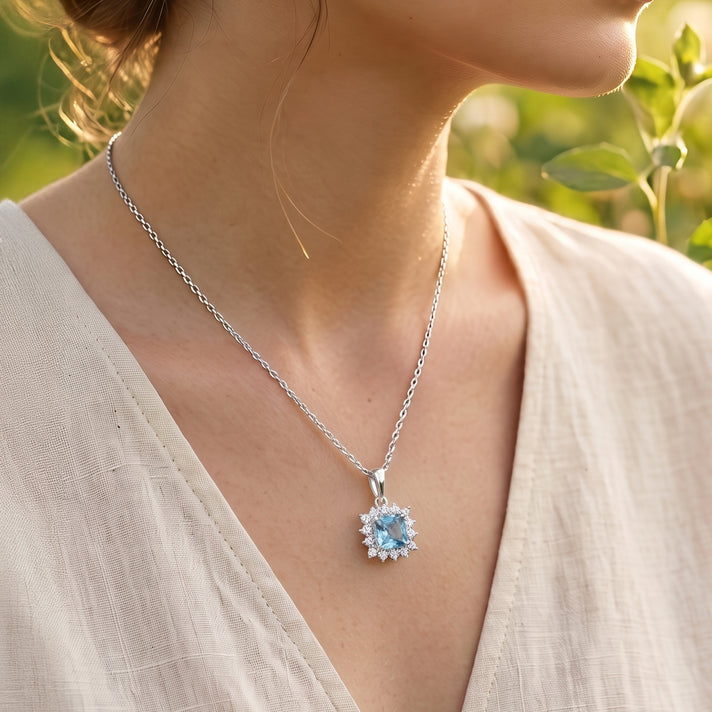 D'Joy - AAA RatanakirI Blue Zircon &amp; Lab Grown Diamond Halo Pendant with Chain (Size 20) &amp; Spring Ring Clasp in Rhodium Overlay Sterling Silver 1.80 Ct. 4513021 2