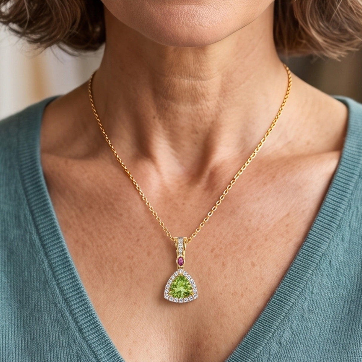 D'Joy - Peridot, White Zircon &amp; Rhodolite Garnet Pendant with Chain (Size 20) in Yellow Gold Plated Sterling Silver 1.53 Ct. 4513298 2
