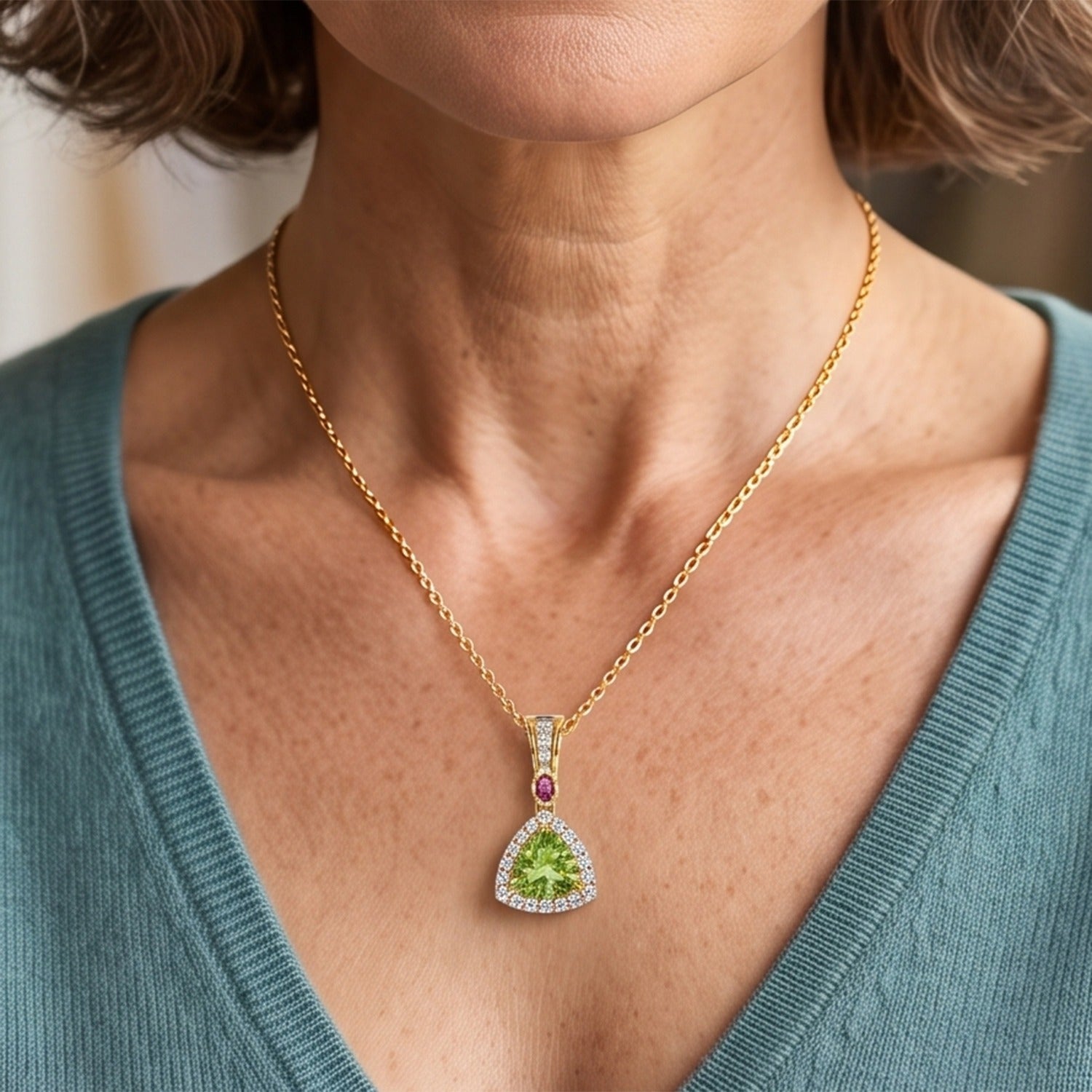 D'Joy - Peridot, White Zircon &amp; Rhodolite Garnet Pendant with Chain (Size 20) in Yellow Gold Plated Sterling Silver 1.53 Ct. 4513298 2
