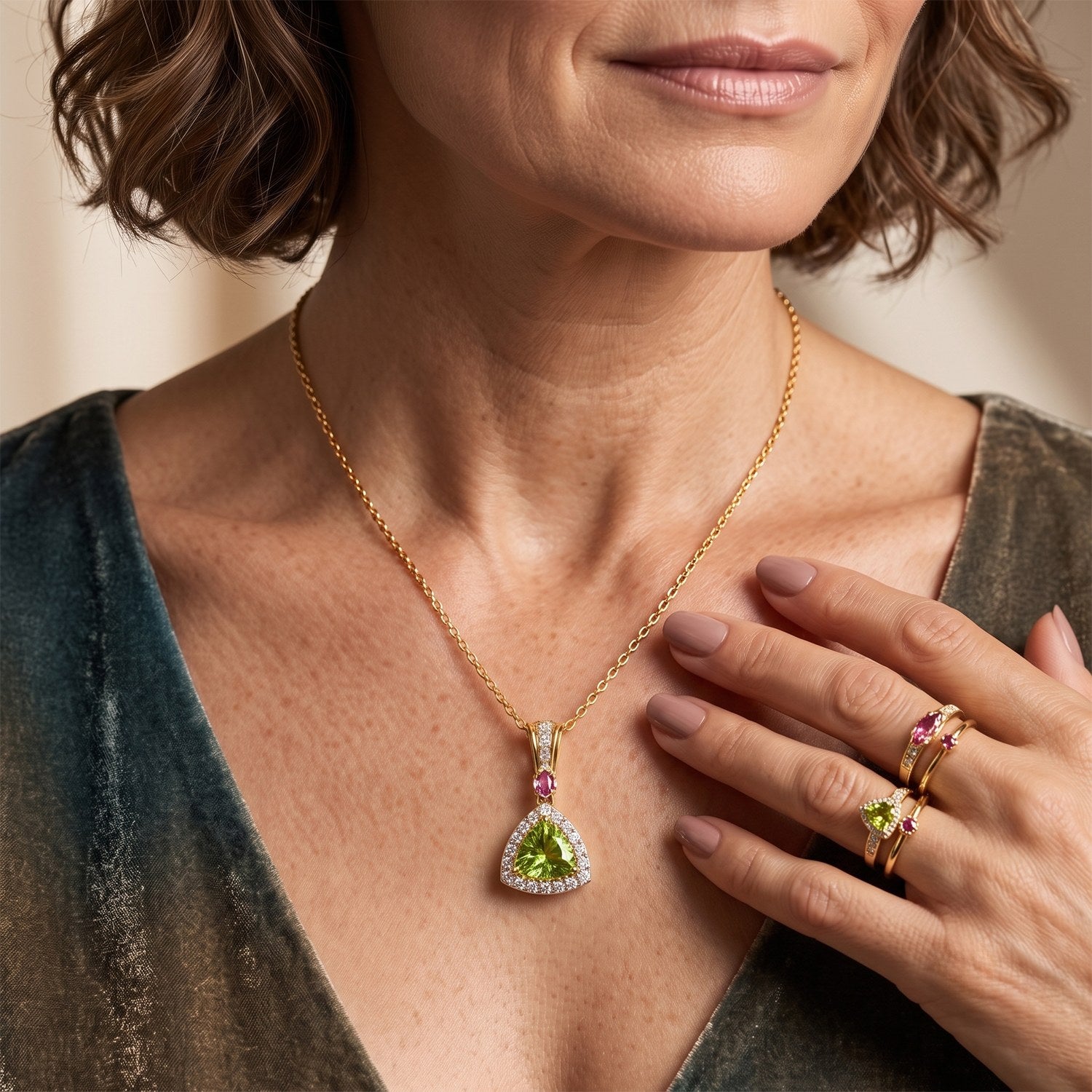 D'Joy - Peridot, White Zircon &amp; Rhodolite Garnet Pendant with Chain (Size 20) in Yellow Gold Plated Sterling Silver 1.53 Ct. 4513298 3