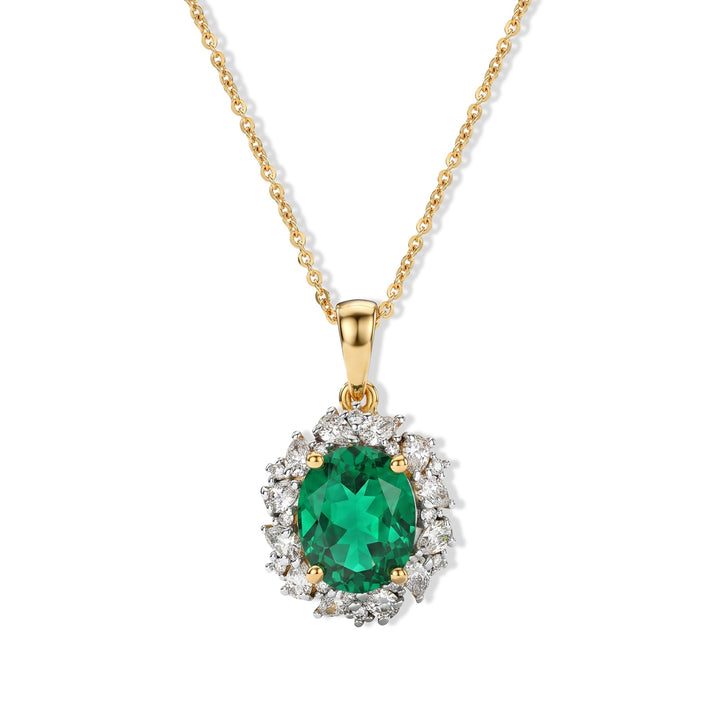 Luxuriant - Lab Grown Colombian Emerald &amp; Lab Grown Diamond (SI-G-H) Halo Pendant with Chain (Size 20) in 18K Vermeil Yellow Gold Plated Sterling Silver 3.00 Ct. 4513756 1