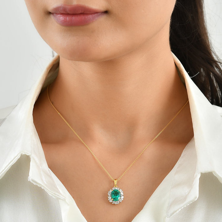 Luxuriant - Lab Grown Colombian Emerald &amp; Lab Grown Diamond (SI-G-H) Halo Pendant with Chain (Size 20) in 18K Vermeil Yellow Gold Plated Sterling Silver 3.00 Ct. 4513756 2