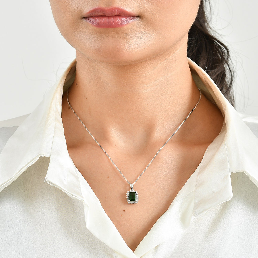 Natural Chrome Diopside,  Lab Grown Diamond Pendant with Chain (Size 20) in Rhodium Overlay Sterling Silver 0.26 ct  1.810  Ct._4514078_1