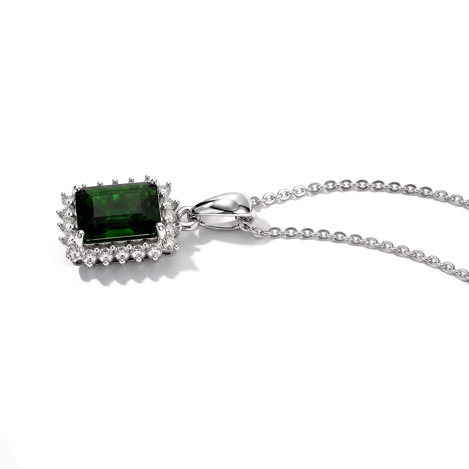 Luxuriant - Natural Chrome Diopside &amp; Lab Grown Diamond (SI-G-H) Halo Pendant with Chain (Size 20) in Rhodium Overlay Sterling Silver 2.00 Ct. 4514078 4