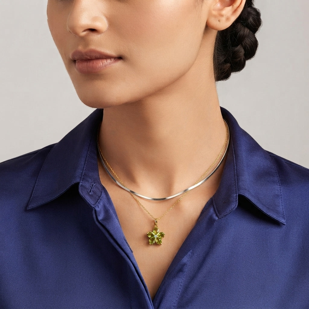 Luxuriant - Natural Hebei Peridot &amp; Lab Grown Diamond (SI-G-H) Floral Pendant in Yellow Gold Plated Sterling Silver with Chain (Size 20) 2.30 Ct. 4514641 3
