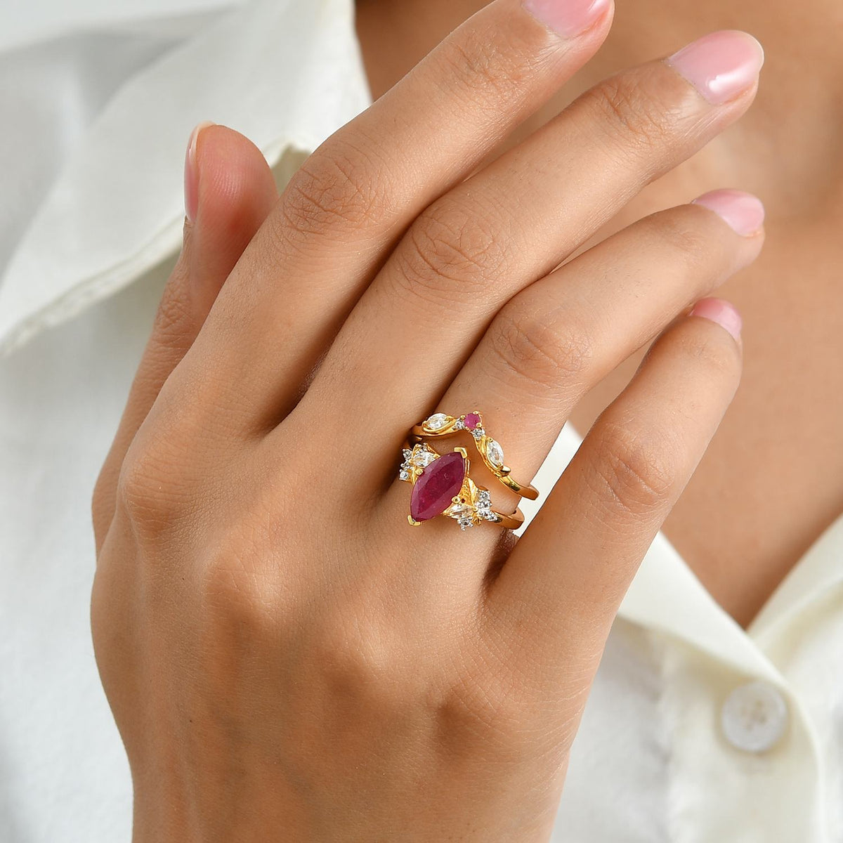GP Trionfo Collection Set of 2 - African Ruby, White Zircon &amp; Blue Sapphire Stackable Ring in 18K Vermeil Yellow Gold Plated Sterling Silver 3.30 Ct. 4514808 2