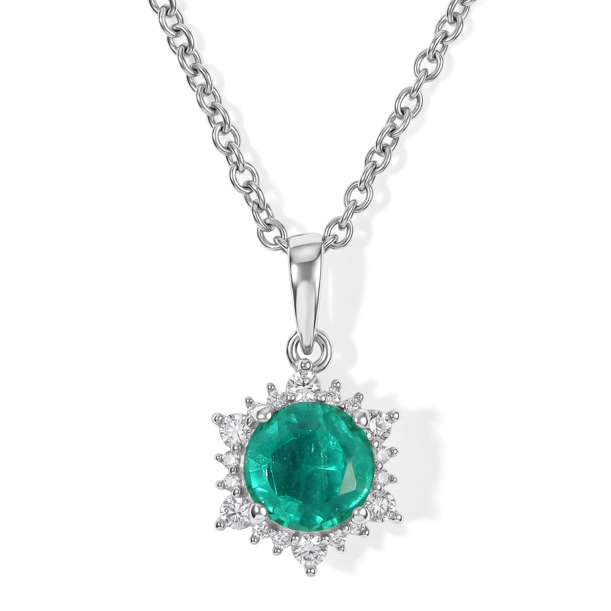 D'Joy - Colombian Colour Emeraldine Quartz &amp; White Zircon Halo Pendant in Platinum Overlay Sterling Silver with Chain (Size 20) 2.00 Ct. V32636350 0