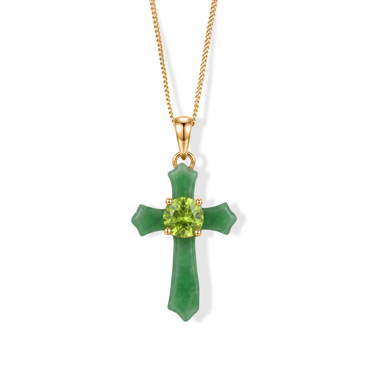 D'Joy - Natural Hebei Peridot &amp; Green Jade Cross Pendant with Chain (Size 18) &amp; Lobster Clasp in Yellow Gold Plated Sterling Silver V32603331 0