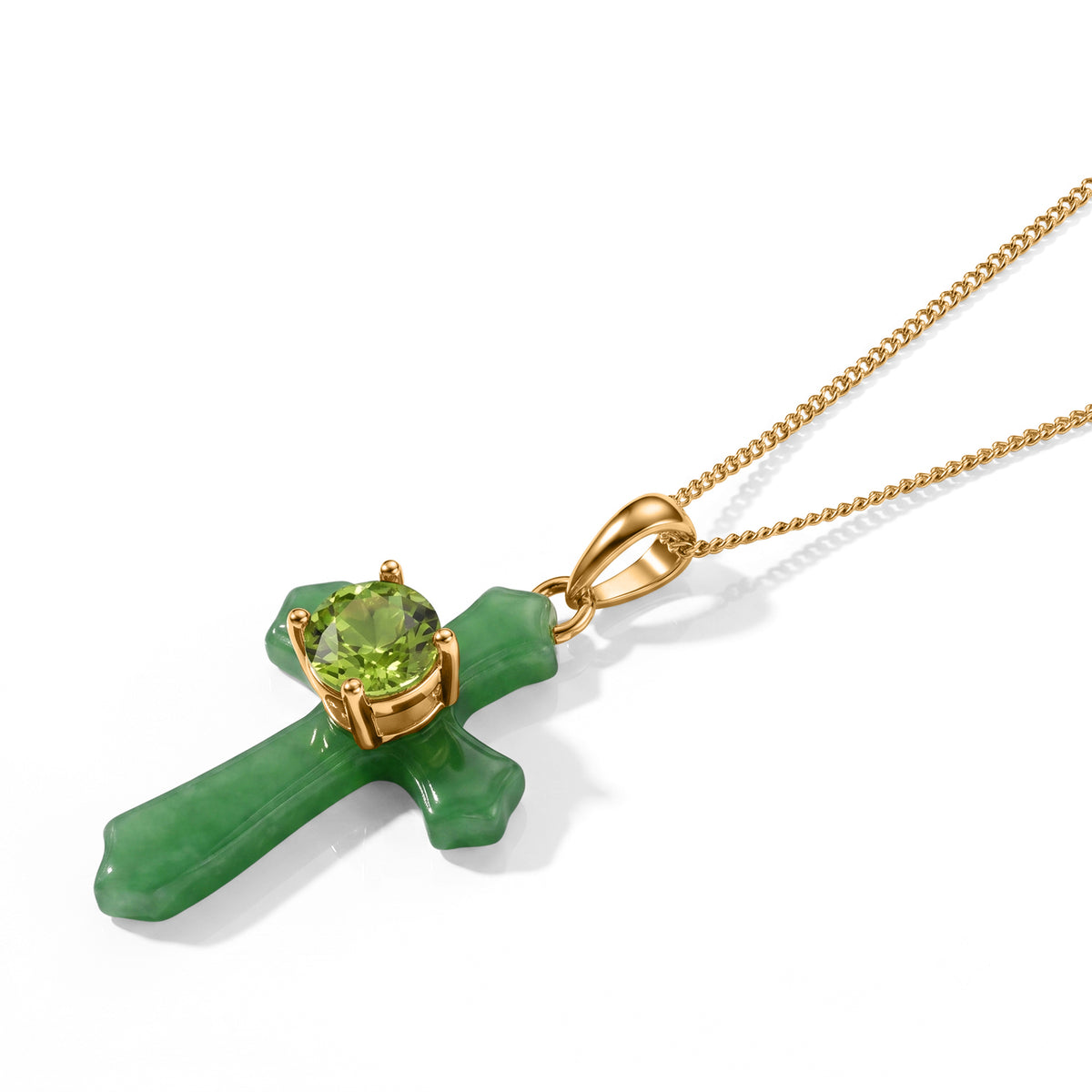 D'Joy - Natural Hebei Peridot &amp; Green Jade Cross Pendant with Chain (Size 18) &amp; Lobster Clasp in Yellow Gold Plated Sterling Silver V32603331 4