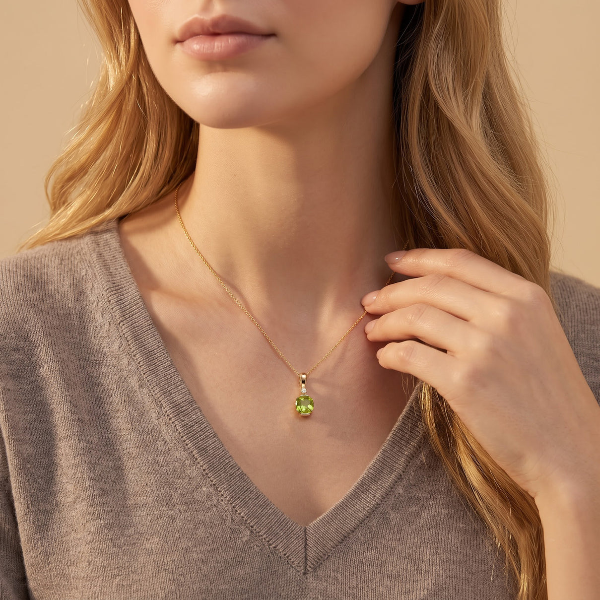 Natural Hebei Peridot &amp; Lab Grown Diamond Solitaire Pendant with Chain (Size 18) &amp; Lobster Clasp in Yellow Gold Plated Sterling Silver 1.60 Ct. 4515164 2
