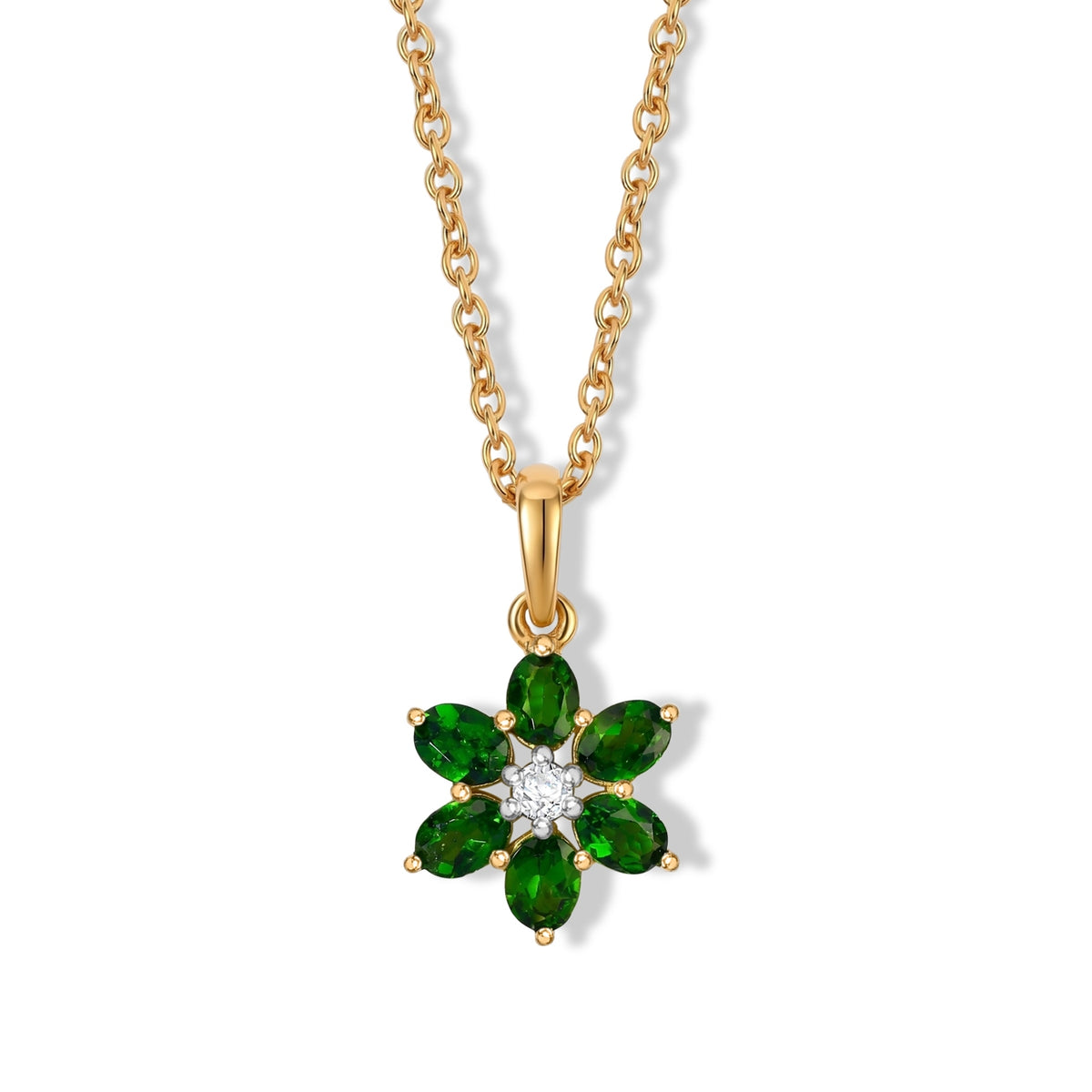 Luxuriant - Natural Chrome Diopside &amp; Lab Grown Diamond (SI/G-H) Floral Pendant in Yellow Gold Plated Sterling Silver with Chain (Size 20) 1.10 Ct. 4515450 0