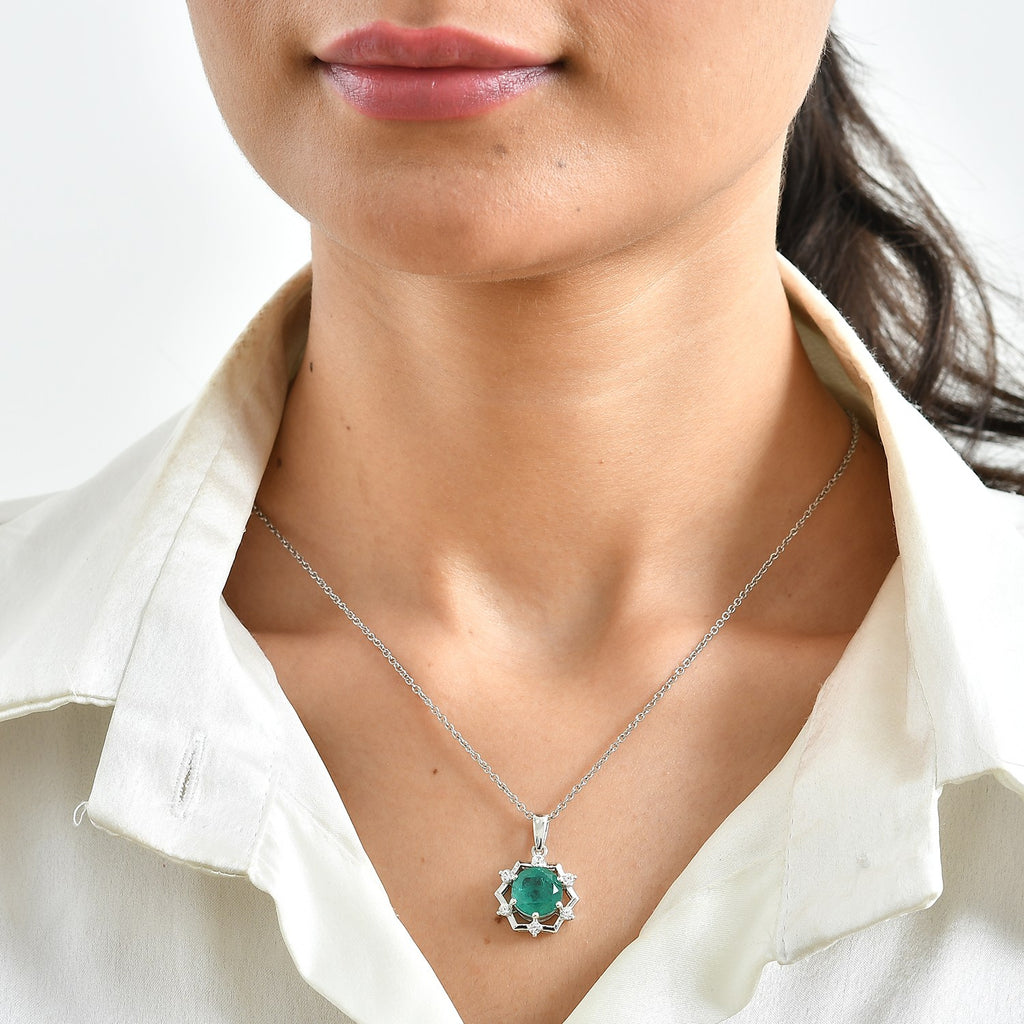D'Joy - Colombian Colour Emeraldine Quartz & White Zircon Pendant in Platinum Overlay Sterling Silver with Chain (Size 20) 5.08 Ct._4515781_1