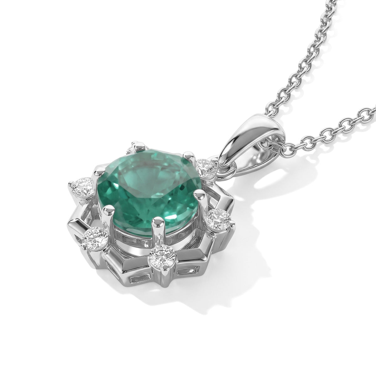 D'Joy - Colombian Colour Emeraldine Quartz &amp; White Zircon Halo Pendant in Platinum Overlay Sterling Silver with Chain (Size 20) 5.08 Ct. 4515781 3