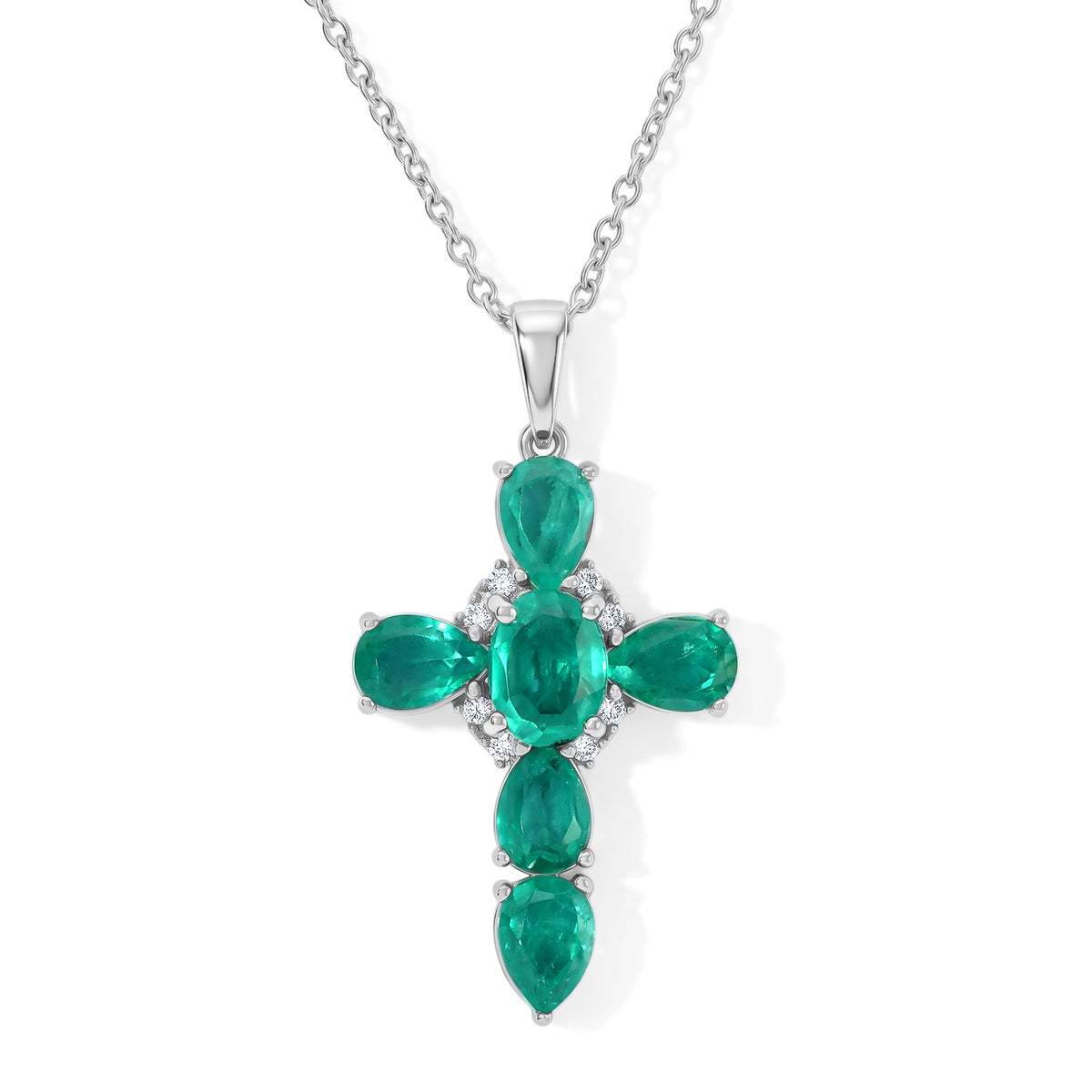 D'Joy - Colombian Colour Emeraldine Quartz &amp; White Zircon Cross Pendant in Platinum Overlay Sterling Silver with Chain (Size 20) 7.00 Ct. 4516234 0