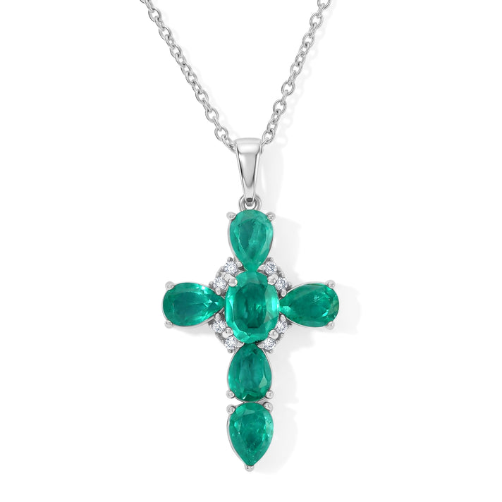 D'Joy - Colombian Colour Emeraldine Quartz &amp; White Zircon Cross Pendant in Platinum Overlay Sterling Silver with Chain (Size 20) 7.00 Ct. 4516234 1