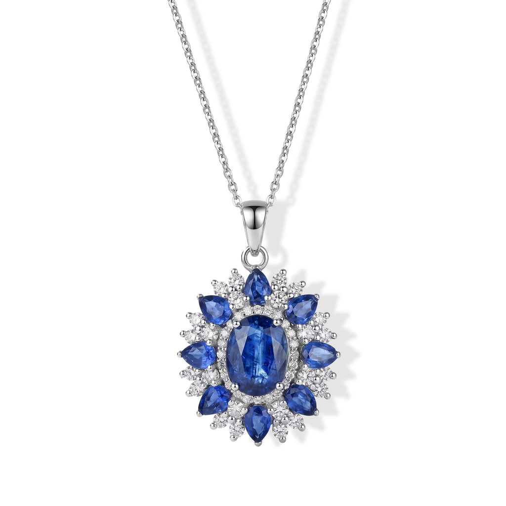 D'Joy - AAA Natural Kashmir Kyanite & White Zircon Halo Floral Pendant with Chain (Size 20) & Spring Ring Clasp in Rhodium Overlay Sterling Silver 4.65 Ct._4516334
