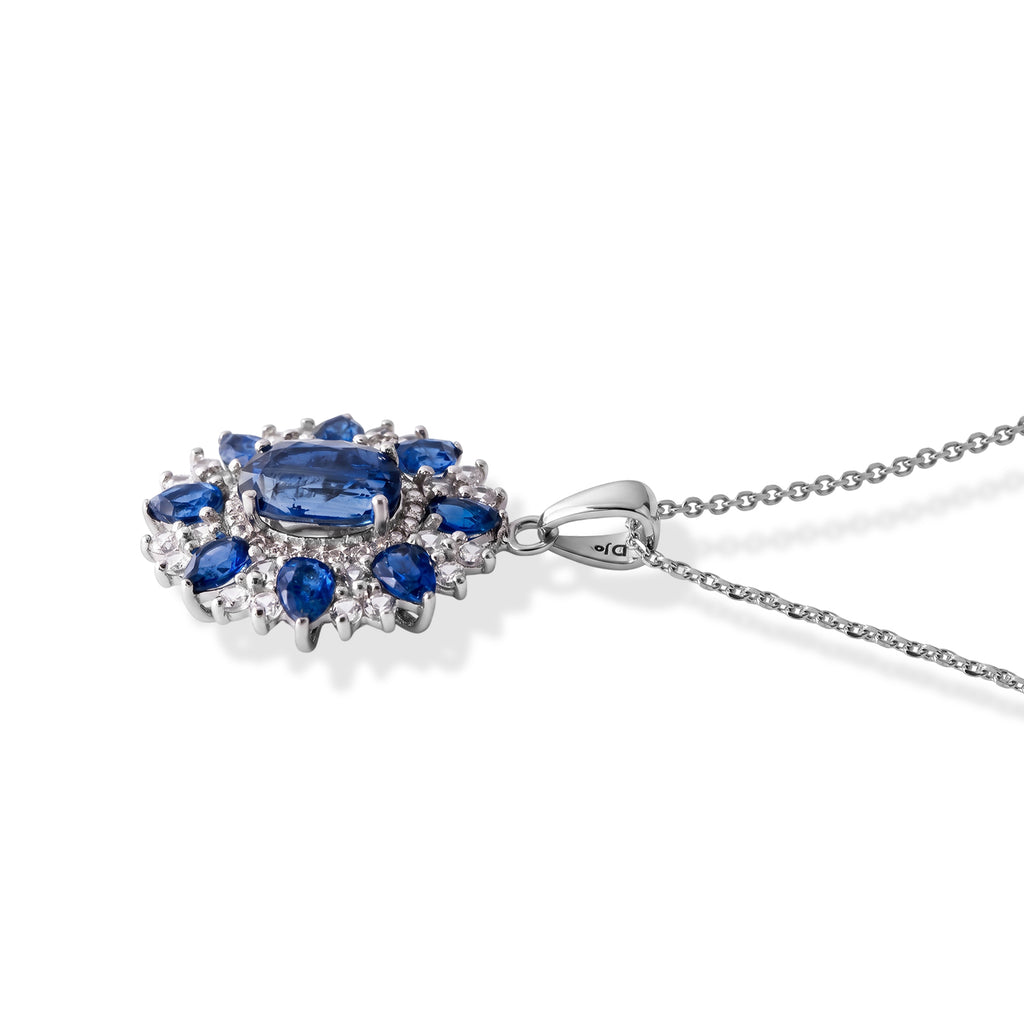 D'Joy - AAA Natural Kashmir Kyanite & White Zircon Halo Floral Pendant with Chain (Size 20) & Spring Ring Clasp in Rhodium Overlay Sterling Silver 4.65 Ct._4516334_3