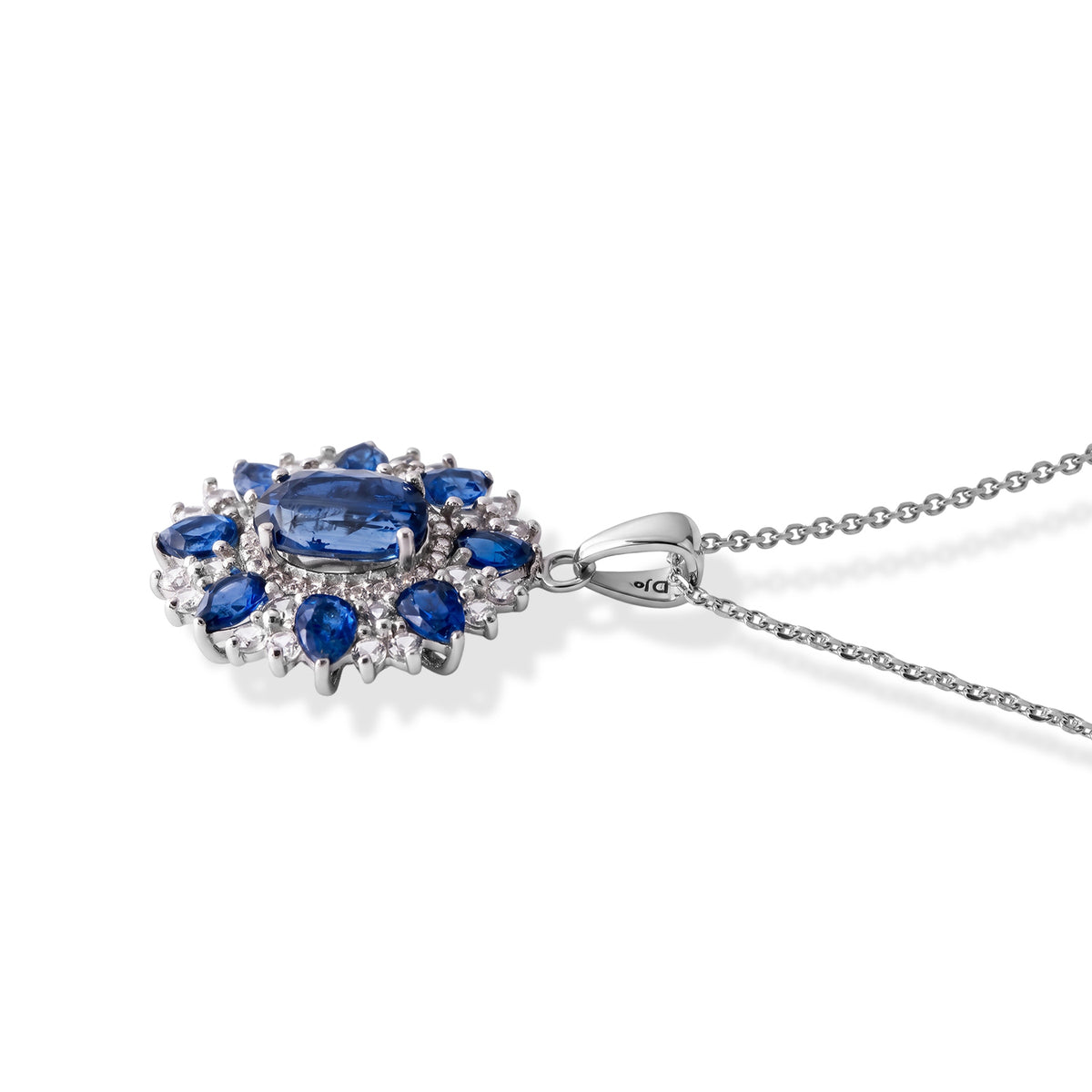 D'Joy - AAA Natural Kashmir Kyanite &amp; White Zircon Halo Floral Pendant with Chain (Size 20) &amp; Spring Ring Clasp in Rhodium Overlay Sterling Silver 4.65 Ct. 4516334 4