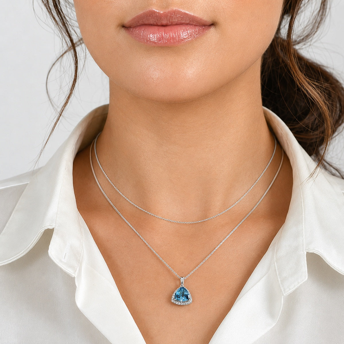 Swiss Blue Topaz &amp; Lab Grown Diamond (SI/G-H) Halo Pendant with Chain (Size 20) in Rhodium Overlay Sterling Silver 2.90 Ct. 4516343 3