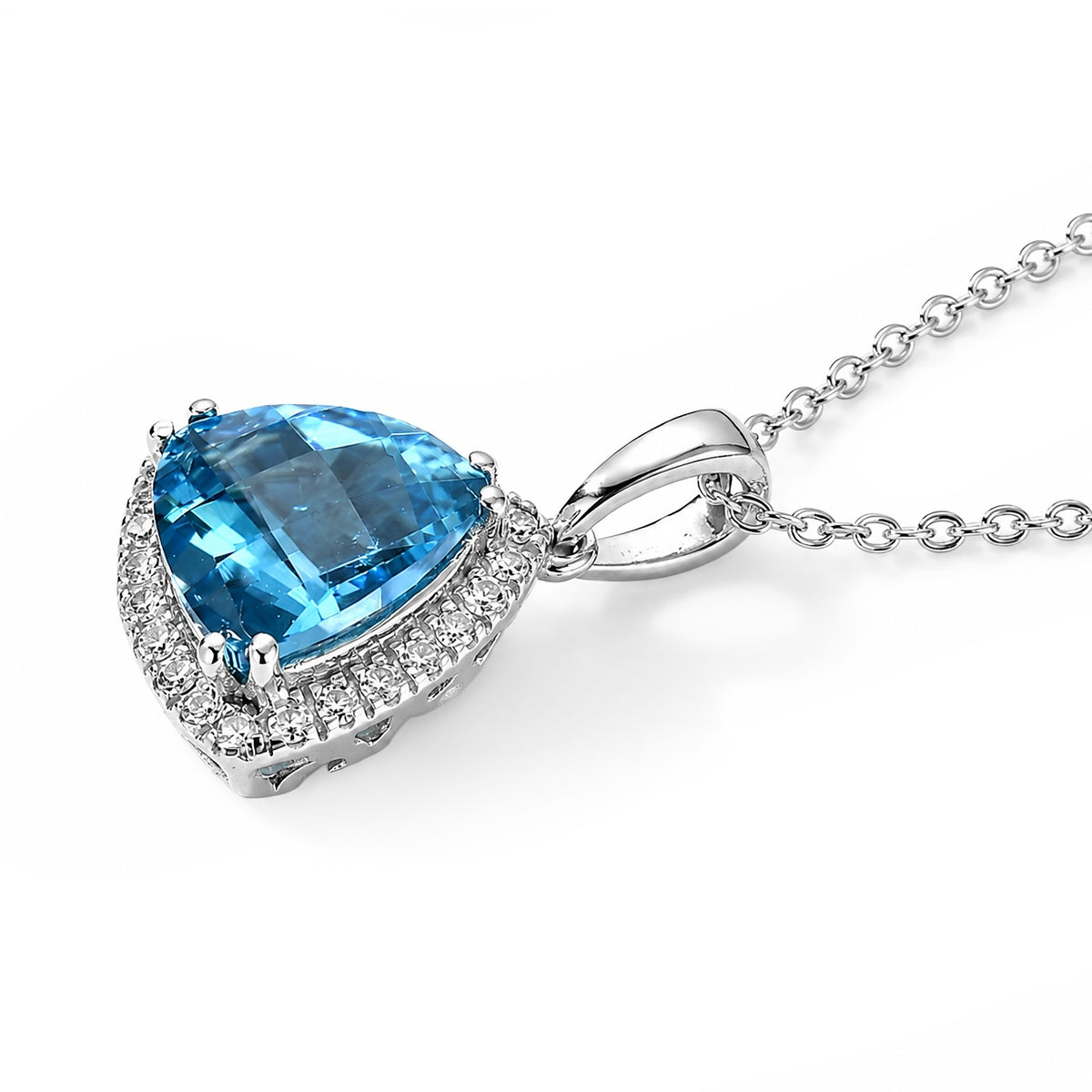 Swiss Blue Topaz &amp; Lab Grown Diamond (SI/G-H) Halo Pendant with Chain (Size 20) in Rhodium Overlay Sterling Silver 2.90 Ct. 4516343 4