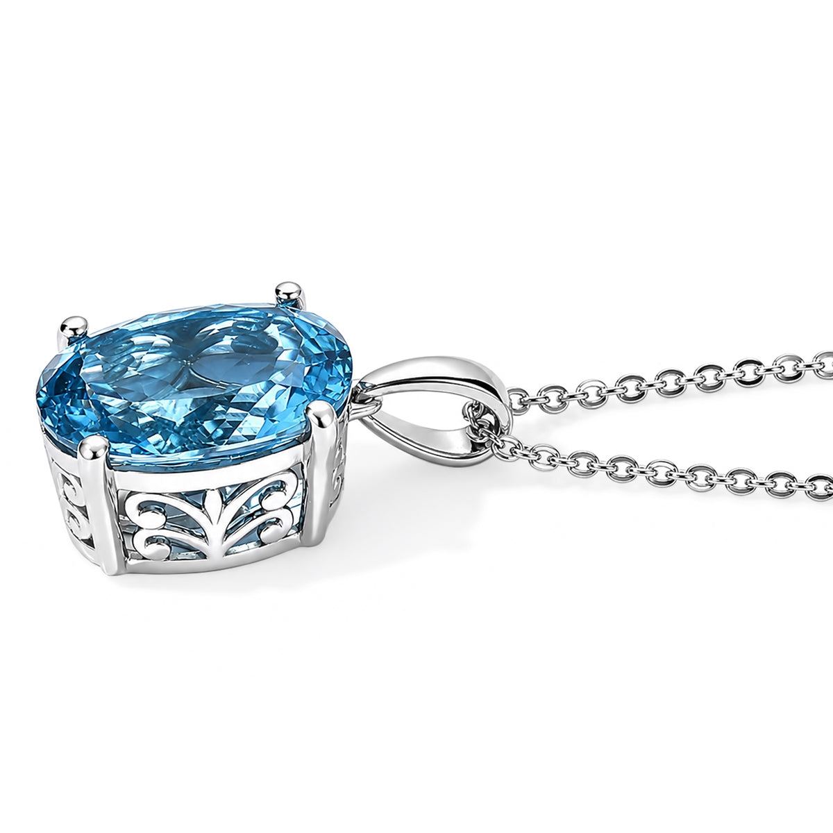 D'Joy - Premium Swiss Blue Topaz Solitaire Pendant with Chain (Size 20) in Rhodium Overlay Sterling Silver 6.50 Ct. 4516344 4