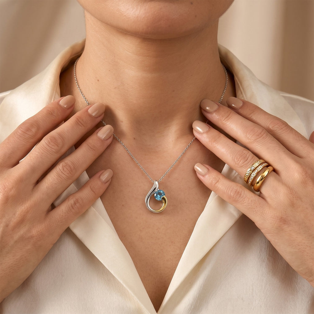 D'Joy - Swiss Blue Topaz Solitaire Pendant in Platinum Overlay & Yellow Gold Plated Sterling Silver with Chain (Size 20) 1.80 Ct._4516345_2