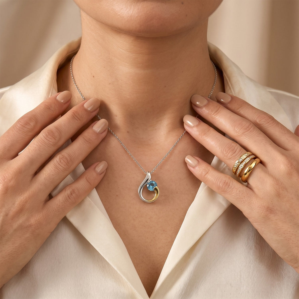 D'Joy - Swiss Blue Topaz Solitaire Pendant in Platinum Overlay &amp; Yellow Gold Plated Sterling Silver with Chain (Size 20) 1.50 Ct. V32577646 3