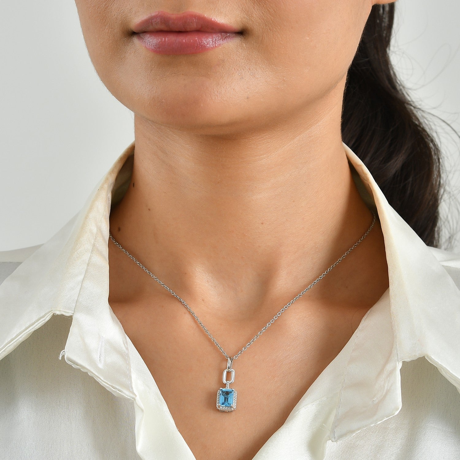 D'Joy - Swiss Blue Topaz Solitaire Pendant in Platinum Overlay Sterling Silver with Chain (Size 20) 1.95 Ct. 4516346 2