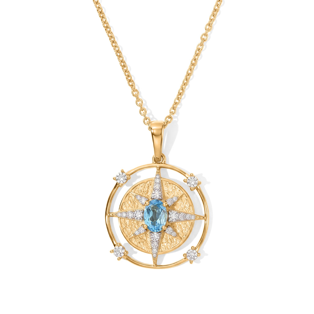 D'Joy - Swiss Blue Topaz & White Zircon Sunburst Pendant in Yellow Gold Plated Sterling Silver with Chain (Size 20) 1.80 Ct._4516494