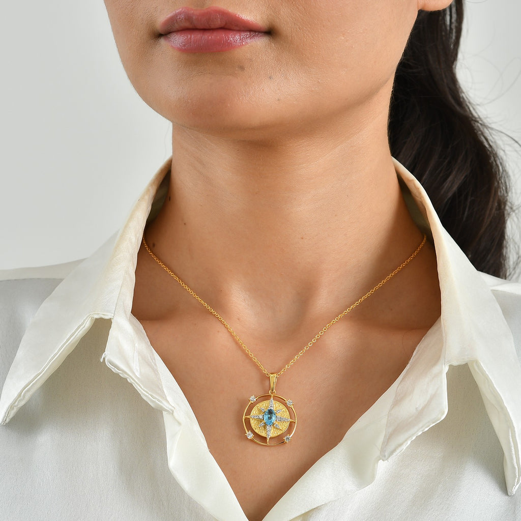 D'Joy - Swiss Blue Topaz & White Zircon Sunburst Pendant in Yellow Gold Plated Sterling Silver with Chain (Size 20) 1.80 Ct._4516494_1