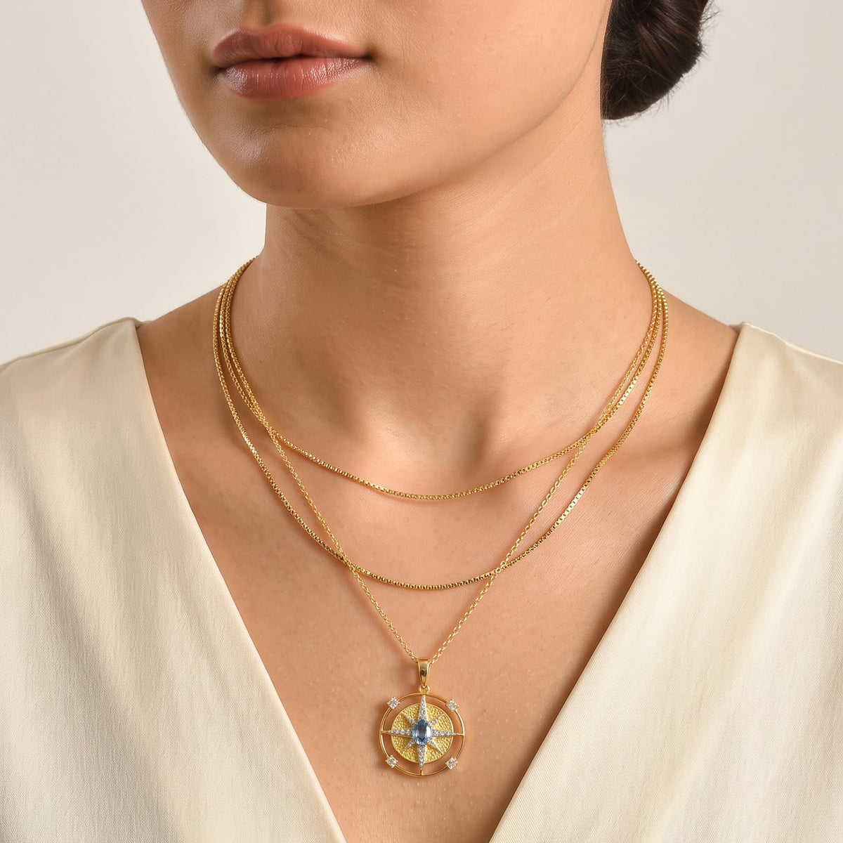 D'Joy - Swiss Blue Topaz &amp; White Zircon Sunburst Pendant in Yellow Gold Plated Sterling Silver with Chain (Size 20) 1.80 Ct. V32576401 3