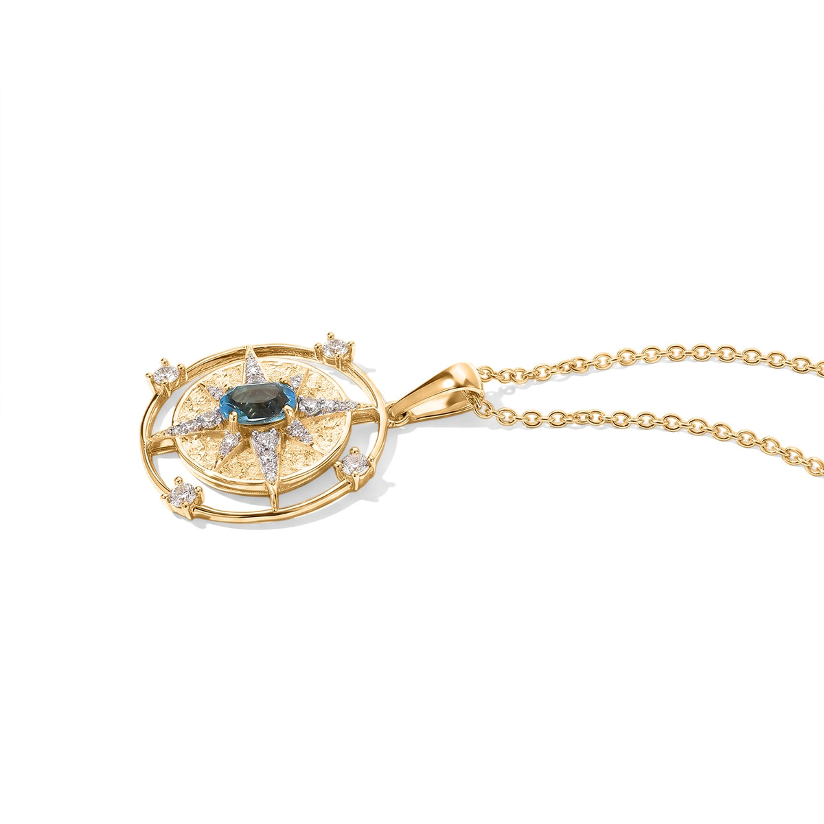 D'Joy - Swiss Blue Topaz &amp; White Zircon Sunburst Pendant in Yellow Gold Plated Sterling Silver with Chain (Size 20) 1.80 Ct. V32576401 4