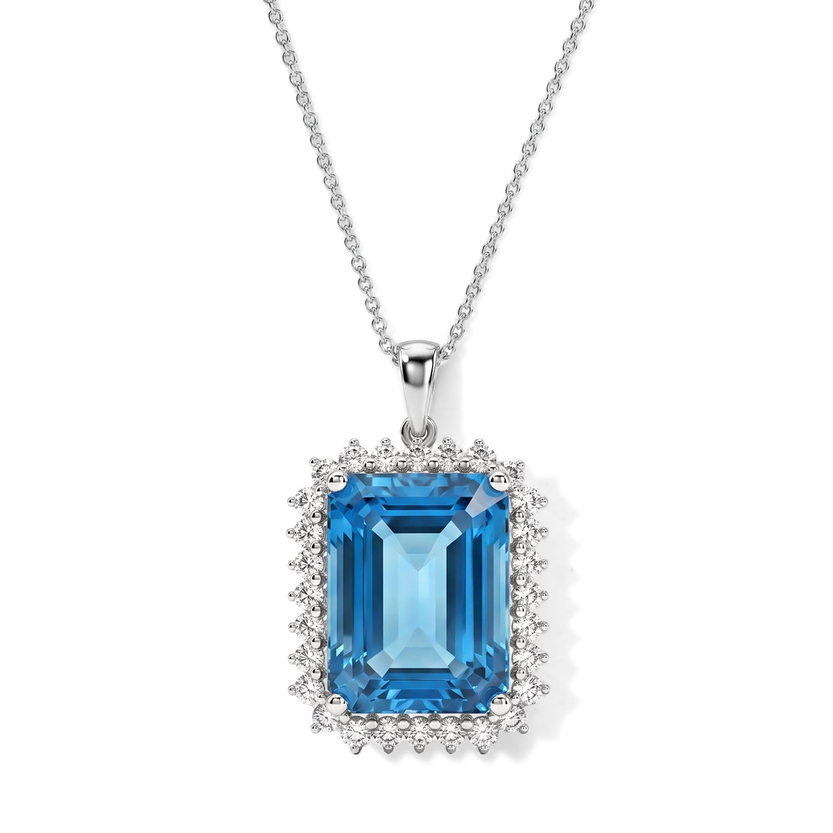 Luxuriant - Premium Swiss Blue Topaz &amp; Lab Grown Diamond (SI-G-H) Halo Pendant with Chain (Size 20) in Rhodium Overlay Sterling Silver 14.70 Ct. 4516875 0