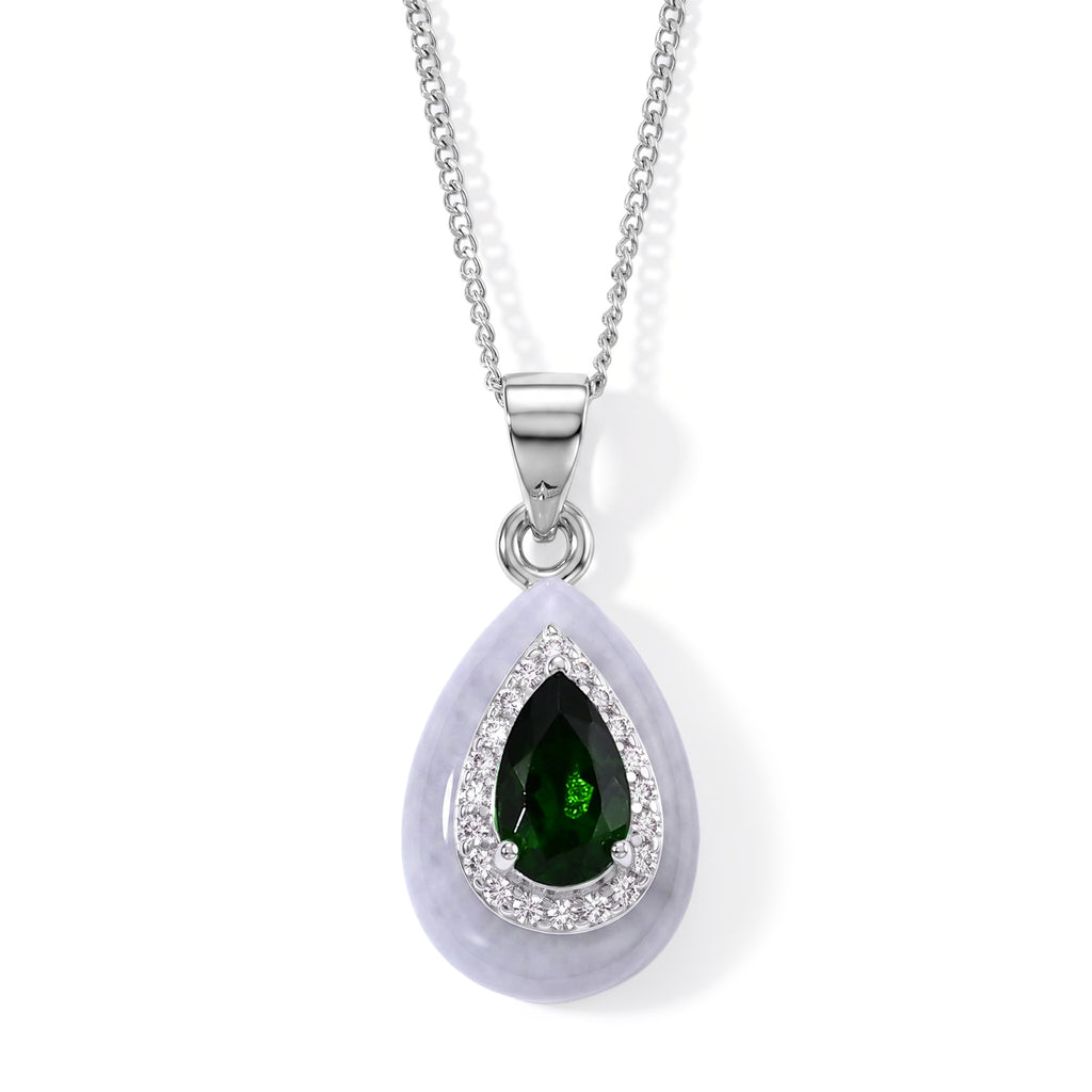 D'Joy - Natural Chrome Diopside, White Jade & White Zircon Halo Pendant with Chain (Size - 18) in Rhodium Overlay Sterling Silver 7.00 Ct._4516971
