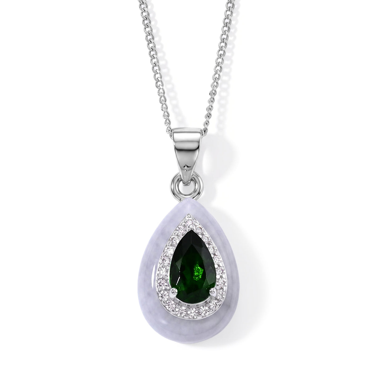 D'Joy - Natural Chrome Diopside, White Jade &amp; White Zircon Halo Pendant with Chain (Size - 18) in Rhodium Overlay Sterling Silver 7.00 Ct. V32576718 0