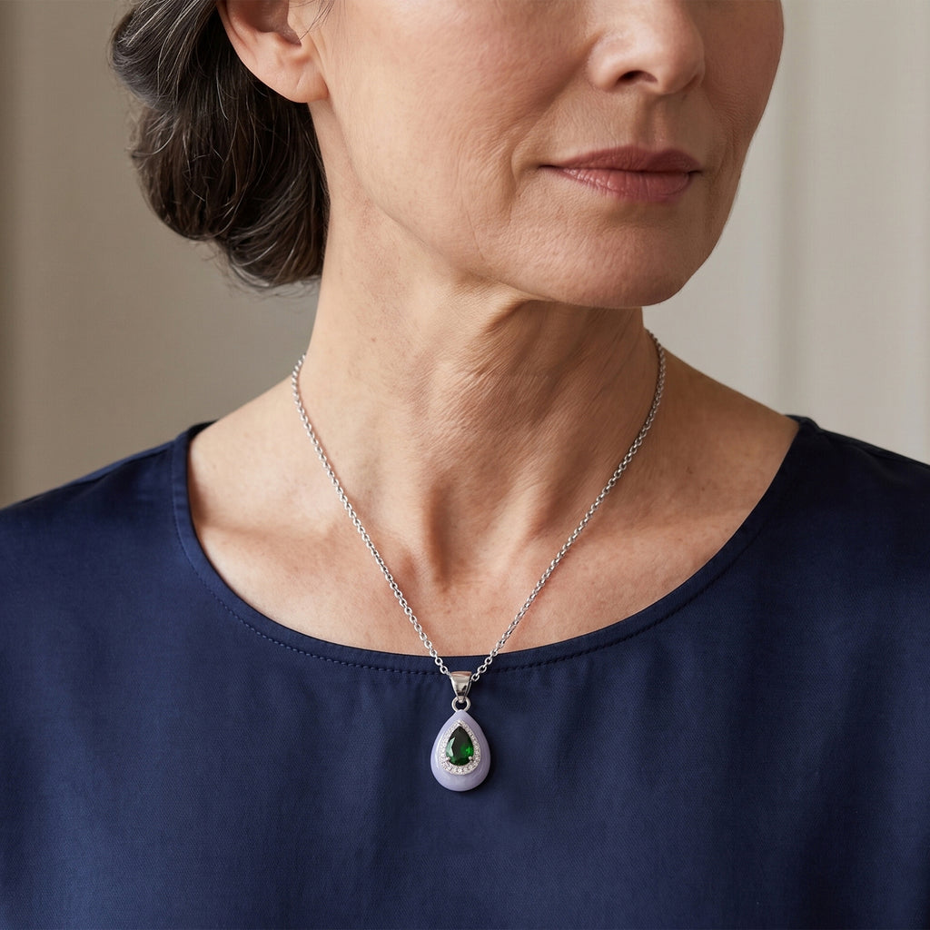 D'Joy - Natural Chrome Diopside, White Jade & White Zircon Halo Pendant with Chain (Size - 18) in Rhodium Overlay Sterling Silver 7.00 Ct._4516971_1