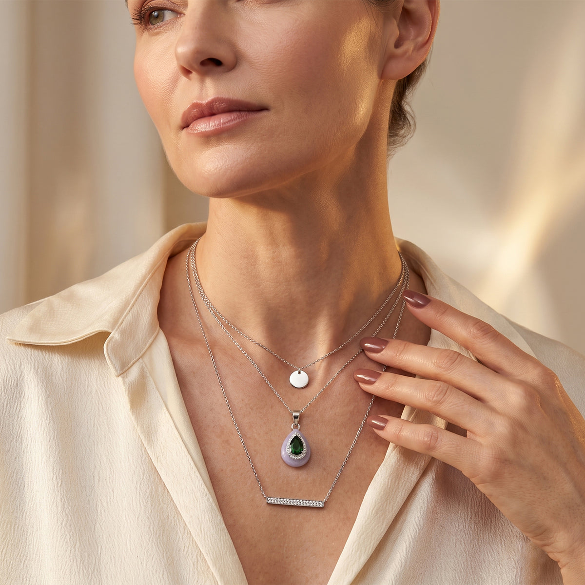 D'Joy - Natural Chrome Diopside, White Jade &amp; White Zircon Halo Pendant with Chain (Size - 18) in Rhodium Overlay Sterling Silver 7.00 Ct. V32576718 3