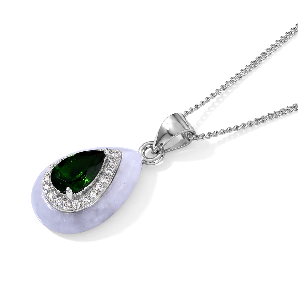 D'Joy - Natural Chrome Diopside, White Jade &amp; White Zircon Halo Pendant with Chain (Size - 18) in Rhodium Overlay Sterling Silver 7.00 Ct. V32576718 4