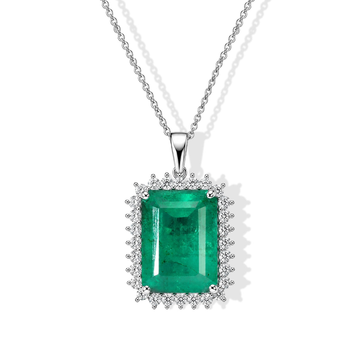 D'Joy - Colombian Colour Emeraldine Quartz &amp; White Zircon Halo Pendant with Chain (Size 20) in Rhodium Overlay Sterling Silver 14.37 Ct. 4517037 0