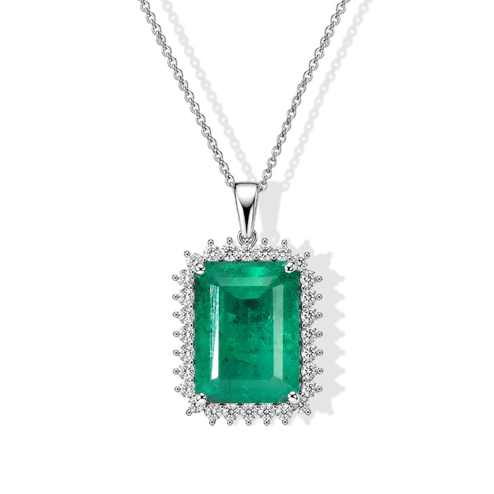 D'Joy - Colombian Colour Emeraldine Quartz &amp; White Zircon Halo Pendant with Chain (Size 20) in Rhodium Overlay Sterling Silver 14.37 Ct. 4517037 1