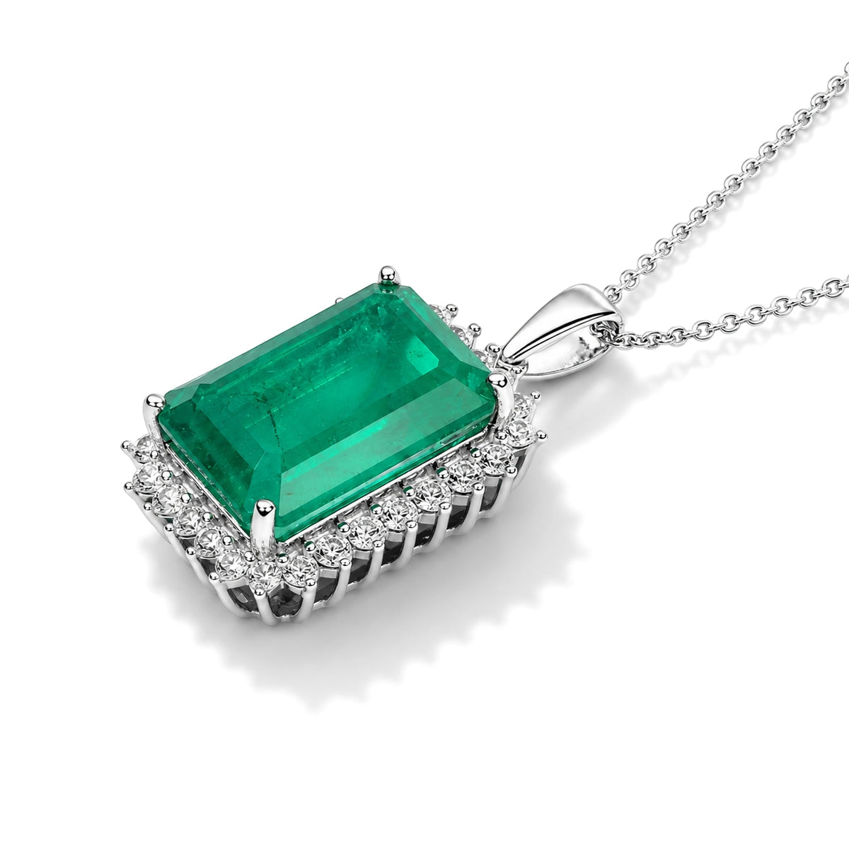 D'Joy - Colombian Colour Emeraldine Quartz &amp; White Zircon Halo Pendant with Chain (Size 20) in Rhodium Overlay Sterling Silver 14.37 Ct. 4517037 3