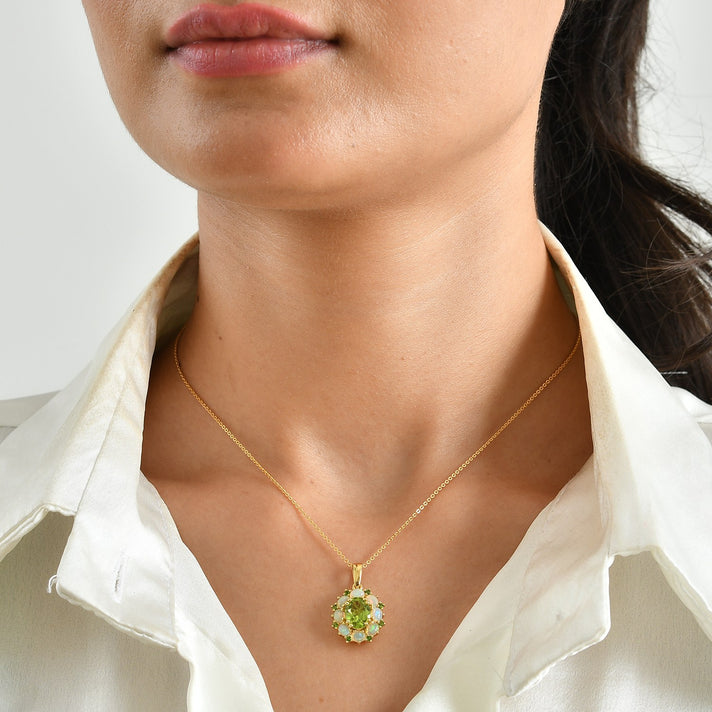 D'Joy - Natural Hebei Peridot, Ethiopian Opal &amp; Natural Chrome Diopside Floral Design Pendant with Chain (Size 20) in 18K Vermeil Yellow Gold Plated Sterling Silver 3.10 Ct. 4517476 2