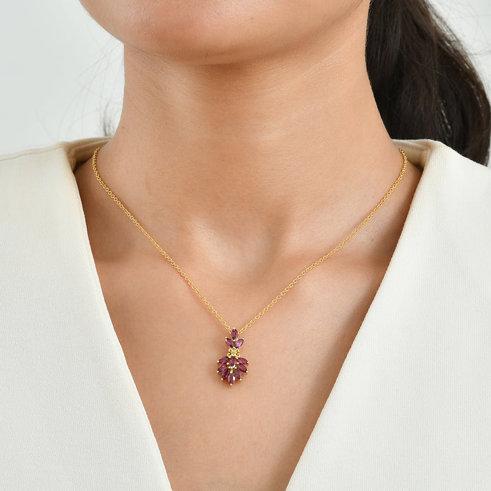 D'Joy - Orissa Natural Rhodolite Garnet Floral Drop Pendant in Yellow Gold Plated Sterling Silver with Chain (Size 20) 2.40 Ct. 4517667 2