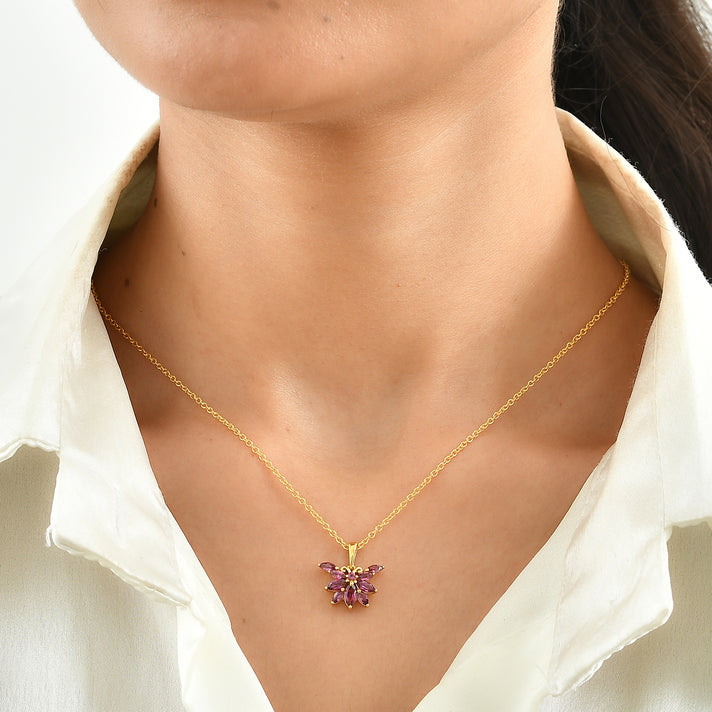 D'Joy - Orissa Natural Rhodolite Garnet Butterfly Pendant in Yellow Gold Plated Sterling Silver with Chain (Size 20) 1.30 Ct. 4517669 2
